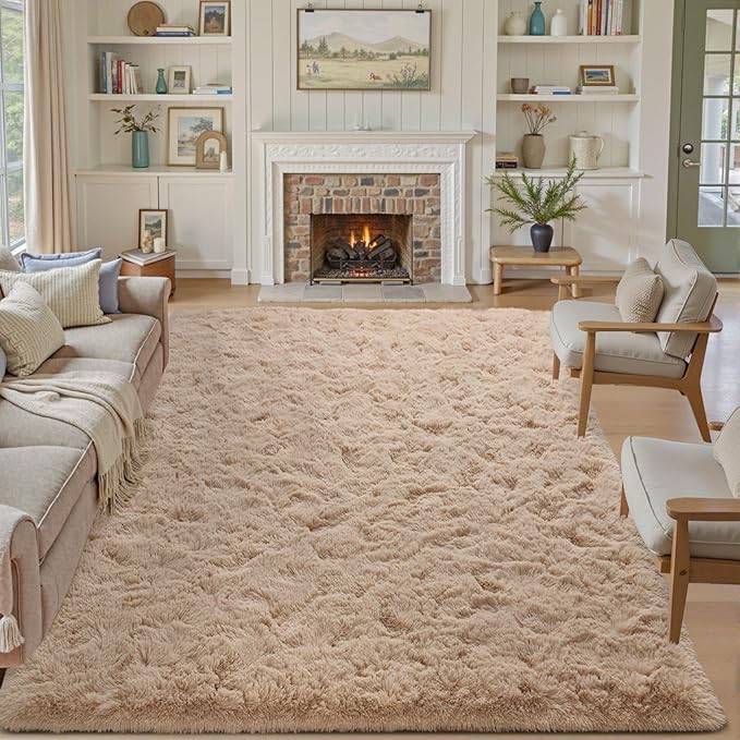 5x7 Living Room Rugs Fluffy Neutral Beige Area Rug，Modern Plush Non-Slip Soft Bedroom Shag Carpet for Book Room Office,Coffee Stain Resistant