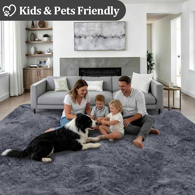 Fluffy Area Rugs 9x12 Living Room Bedroom: Ultra Soft Shag Rug Upgrade Non-Slip Non-Shedding Large Fuzzy Plush Carpet Indoor Floor Carpets for Kids Room Playroom Nursery Dorms Home Decor Grey