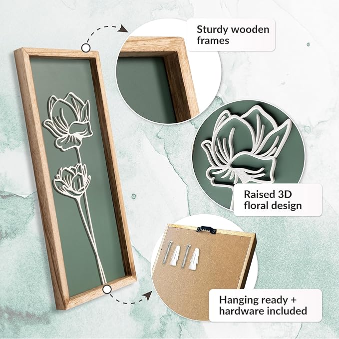 3D Floral Green Wall Art (Set of 3) Lightweight, Wooden Ready-to-Hang Boho Framed Wall Art for Bathroom, Master Bedroom, Living Room or Office - Premium Sage Green Farmhouse Decor - Gift-Boxed