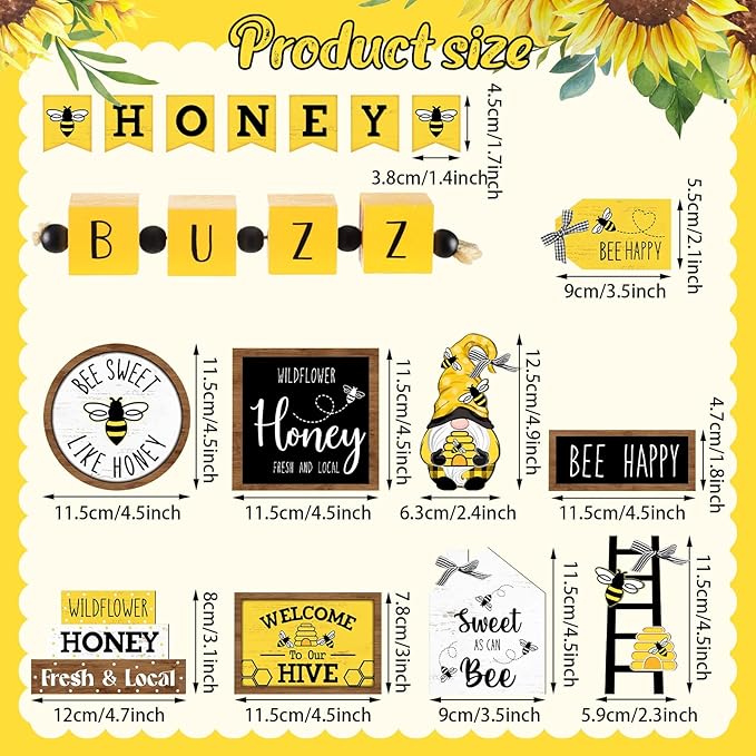 Bucherry 17 Pcs Spring Honey Bee Tiered Tray Decor Set Bee Wooden Signs Gnome Yellow Truck Honey Table Decor Spring Summer Farmhouse Table Signs Decoration