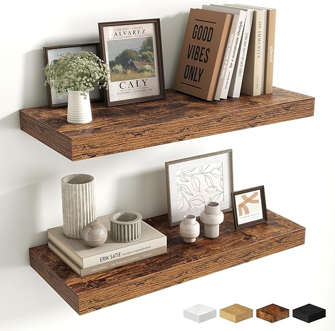 Fun Memories 24 Inch Floating Shelves Wall-Mounted, 10 Inch Deep Wall Shelves, 24 x 10 Floating Shelf for Living Room Bathroom Bedroom, Rustic Brown, Set of 2