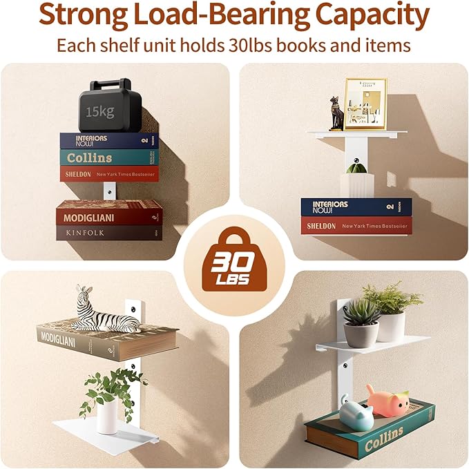 Professional Invisible Floating Book Shelves for Wall, 8 Tier Vertical Spine Book Tower Hanging Bookshelves, Wall Mounted & Space Saving, Heavy Duty Metal Book Organizer for Home Office, 4 Pack White