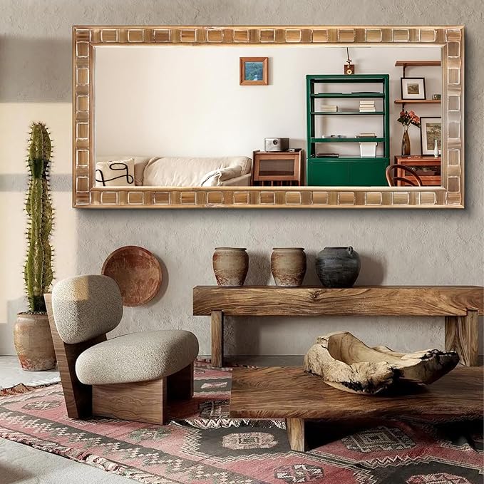 POZINO Full Length Mirror with Solid Wood Frame, 65"X30" Farmhouse Wooden Floor Mirror for Dressing, Large Rustic Rectangle Wall Mirrors for Living Room Bathroom Bedroom, Horizontal Or Vertical