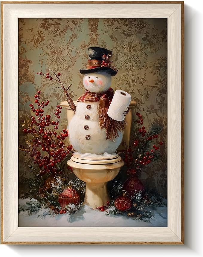 VIYYIEA Winter Framed Wall Art for Living Room, Snowman in Bathroom Canvas Prints, Oil Painting Home Decor, Christmas Picture, Bathroom Wall Decor Gifts for Friends or Family - 16L x 12W