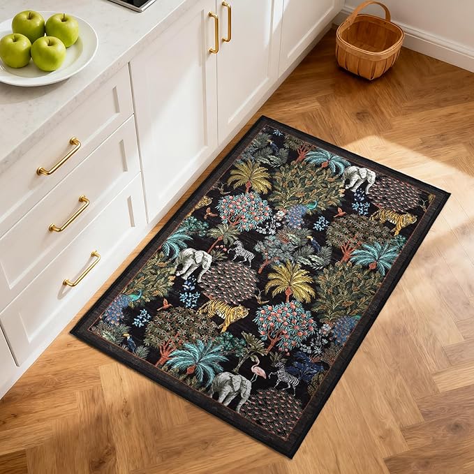 GarveeHome Jungle Rug 2x3 Animal Print Rugs Non Slip Washable Front Door Rug for Entryway, Indoor Kitchen Rugs Low-Pile Small Door Mat Forest Carpet for Bedroom Home Décor, Black