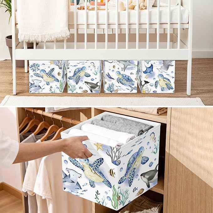 11.8" Marine Animals Cube Storage Organizer Set 3Pcs Ocean Sharks Turtles Cube Storage Bin for Bathroom/Bedroom Kid Book Toy Chest, Seaweed