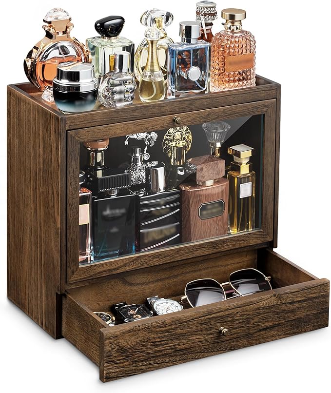 Emfogo Cologne Organizer for Men, Solid Wood Perfumes Organizer for Men Dresser, Large Capacity Dustproof Cologne Holder with Drawer Storage Perfume Stand Organizer, Ideal Gift for Loved ones