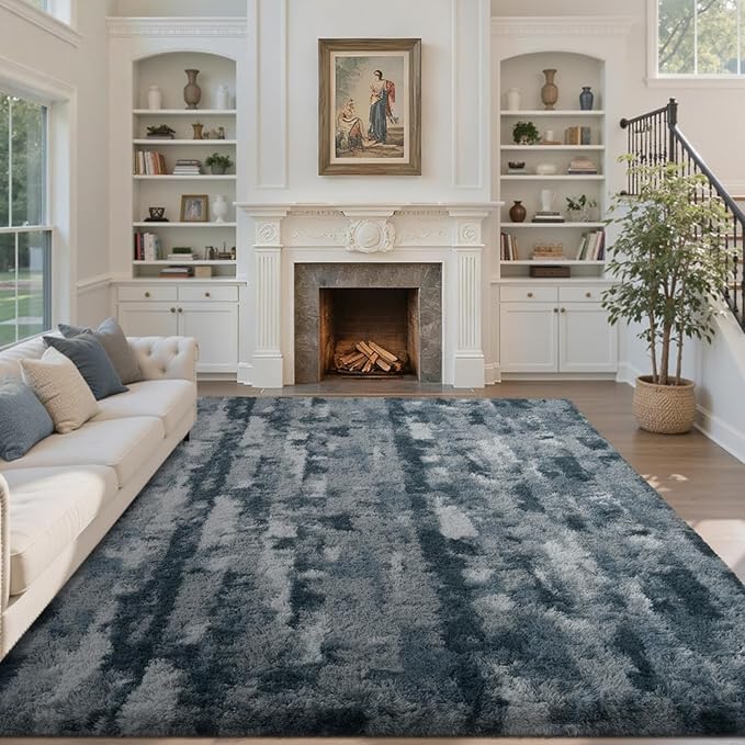 Area Rugs for Living Room 6x9 Feet, Soft Fluffy Shagg Plush Bedroom Rug Non-Slip,Large Carpet for Nursery Kids Dorm Home Decor Grey and Blue