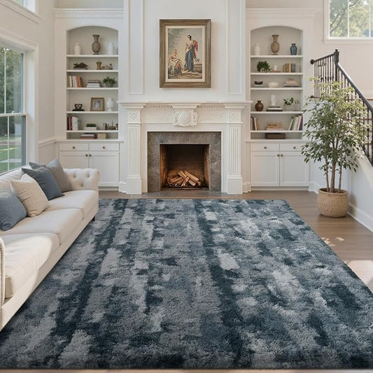 Area Rugs for Living Room 6x9 Feet, Soft Fluffy Shagg Plush Bedroom Rug Non-Slip,Large Carpet for Nursery Kids Dorm Home Decor Grey and Blue