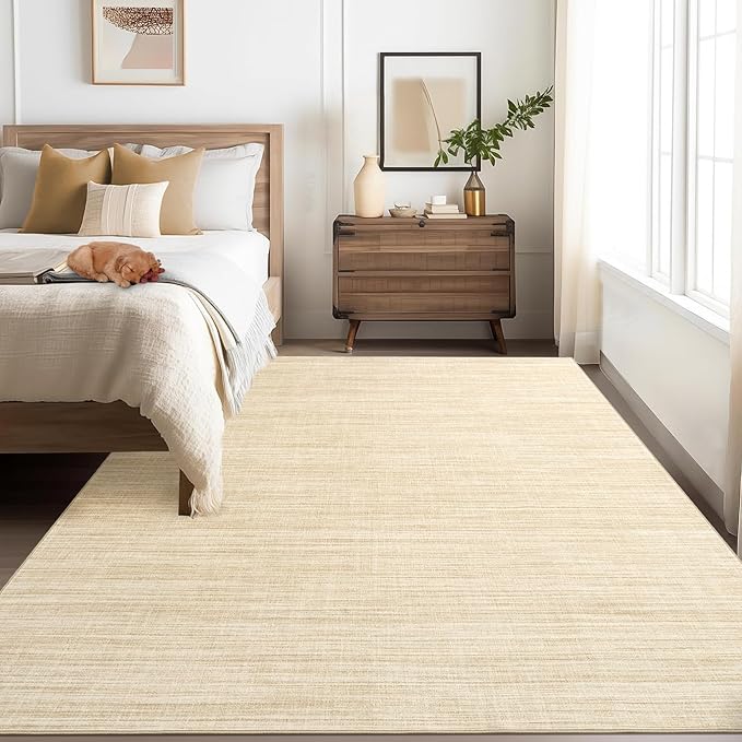 5x7 Washable Rugs Non Slip Minimalist Area Rug for Bedroom Soft Low Pile Solid Color Large Bedroom Throw Carpet Stain Resistant Classic Neutral Area Rug Plain Boho Rugs for Kitchen Nursery, Beige