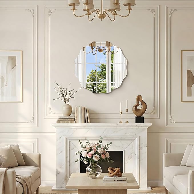 CILIBER Frameless Wavy Round Mirror, 20'' Scalloped Circle Wall Mirror, 3mm Tempered Glass Decorative Bathroom Vanity Mirror, Mounting/Leaning for Mantel, Living Room, Bedroom and Entryway