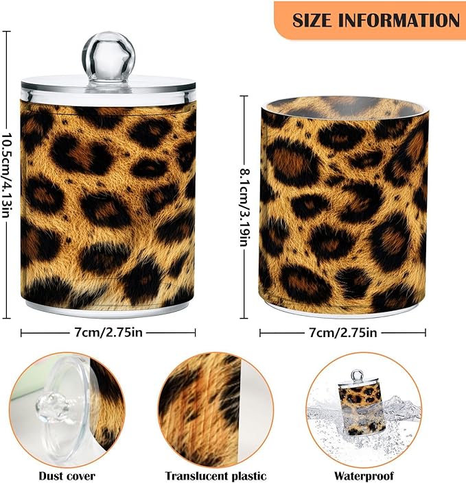 Nander 2Pack Beautiful Brown Leopard Print Qtip Holder Dispenser -Clear Plastic Apothecary Jars Set - Restroom Bathroom Makeup Organizers Containers for Cotton Swab, Ball, Pads, Floss