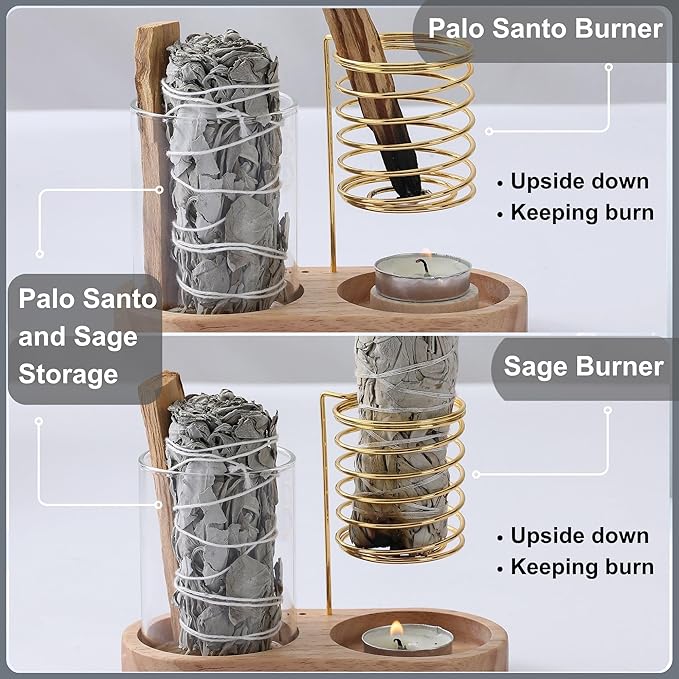 3 in 1 Incense Holder for Burning Insence-Stick & Palo Santo & Sage Sticks, Hanging Upside Down Incense Stick Burner with Glass Ash Catcher & Storage, Lasting Burning Palo Santo Sage Burner