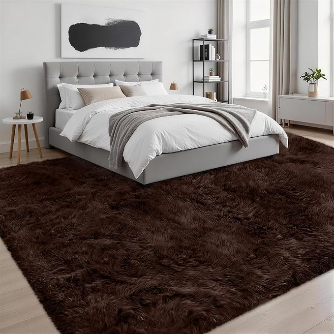 8x10 Area Rugs for Living Room Bedroom: Ultra Soft Fluffy Shag Rug Upgrade Non-Slip Non-Shedding Large Fuzzy Plush Carpet Indoor Floor Carpets for Kids Room Playroom Nursery Dorms Home Decor Brown