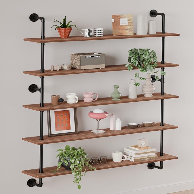 HDDFER Floating Shelves for Wall Bookshelf Industrial Pipe Shelving Shelves 48 Inch 5 Tier Natural Wood Planks Rustic Wall Shelves Hanging Bookshelves Farmhouse Kitchen Shelving