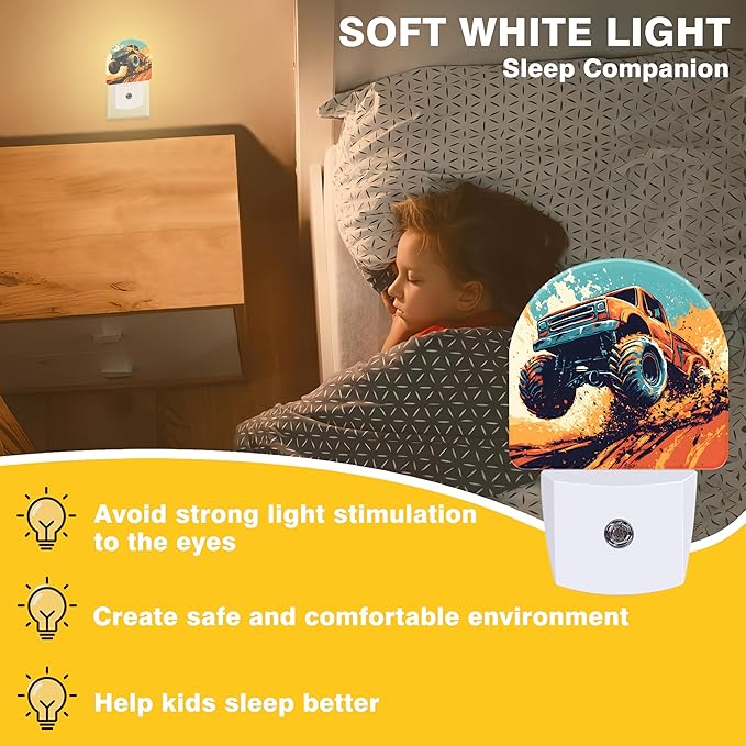 Night Lights Plug into Wall Cartoon Monster Truck Night Light Dusk to Dawn Smart Sensor Decorative Round Led Lamp for Bedroom Kitchen Hallway Nightlight for Women Men