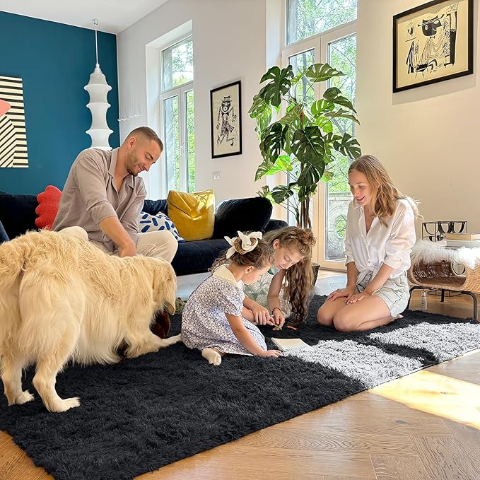 OLANLY 9x11 Machine Washable Large Area Rugs for Living Room, Bedroom, Soft Fluffy Shaggy Bedside Rug, Indoor Floor Carpet for Kids Girls and Boys, Dorms, Nursery, Home Decor Aesthetic, Black