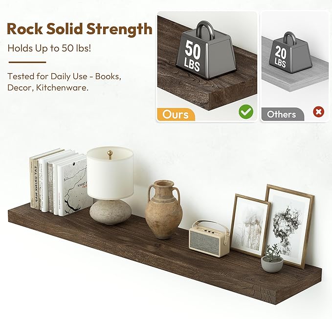 Vivelove Solid Wood Floating Shelves Set of 2, Elm Wood Wall Shelf with Invisible Bracket for Living Room Bedroom Bathroom Office, Rustic Farmhouse Display Shelf, 36 inch - Dark Walnut