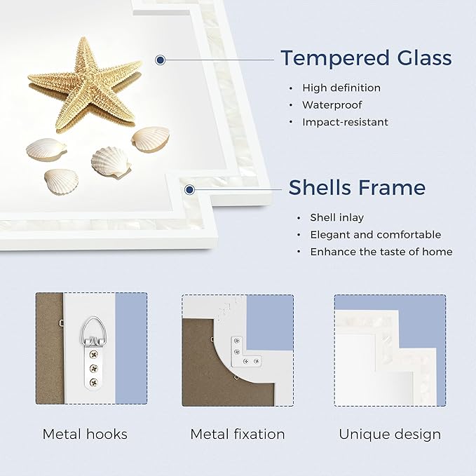 Tanmicoshomy 24 x 36 Inch Rectangle Bathroom Mirrors for Wall, White Shell Framed Decorative Mosaic Mirror for Bedroom, Living Room or Entryway, Wall Mounted Horizontal or Vertical