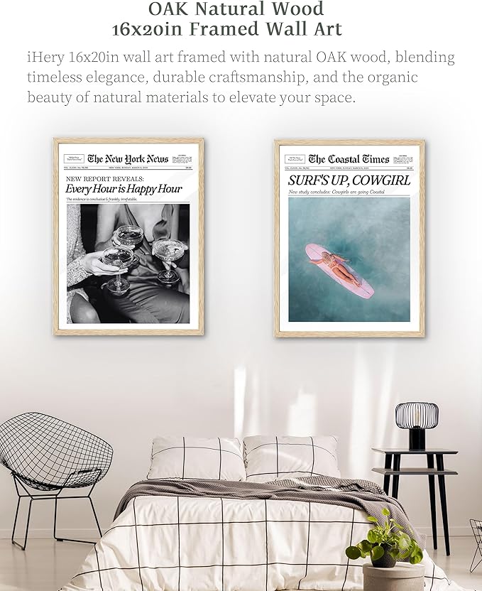 iHery Every Hour is Happy Hour Framed Trendy NewsPaper Wall Art, Natural OAK Wood Large 16x20in Canvas Wall Decor For Bedroom, Retro New York News Prints for Girl Dorm Living Room Home 1Pack