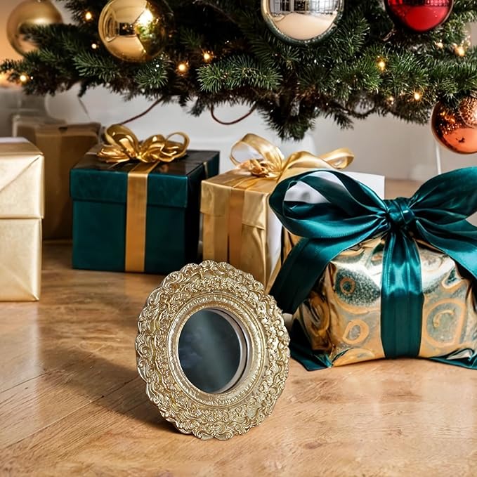 Golden Mini Vintage Mirror with Exquisite Relief Elegant Wall Decor for Bedroom Dresser Table Compact Resin Retro Design (Gold Round, 5X5)