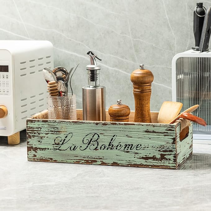 TIMRIS Farmhouse Distressed Wooden Storage Box, Rustic Bathroom Decor Box, Decorative Toilet Tank Basket, Vintage Countertop Organizer Box with Handles (Distressed Green)