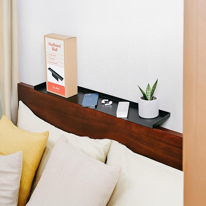 Home in Bold No-Screws Bed Headboard Shelf Attachment (Only for Straight headboards) - Metal Twin, King, Queen - Renter Friendly Over Storage for Bed - Dorm Headboard Shelf King Queen