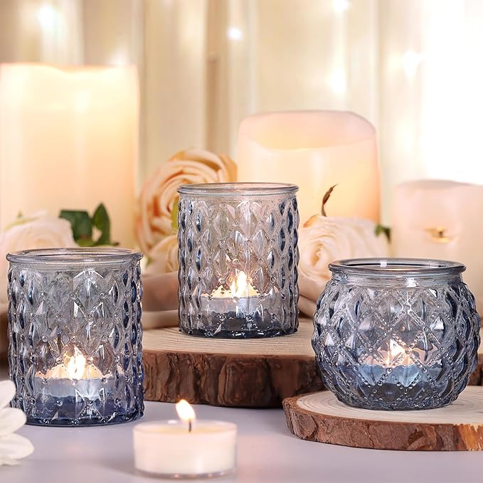 NITIME 12Pcs Assorted Blue Votive Candle Holders, Tea Lights Candle Holder for Wedding Decor, Blue Candle Holders for Table Centerpiece, Bridal Shower, Baby Shower Decorations