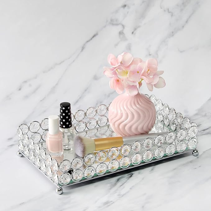 Elegant Designs HG1010-CHR Elipse Crystal Decorative Mirrored Jewelry or Makeup Cosmetic Perfume Vanity Organizer Tray, Chrome