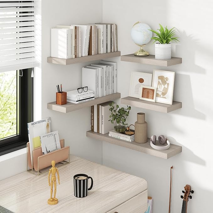 Acovy 30 Inch Floating Shelves, 8 Inch Deep Floating Shelves for Wall, Hanging Shelf with Invisible Brackets, Deep Shelves for Bathroom, Bedroom, Living Room, Grey, Set of 2