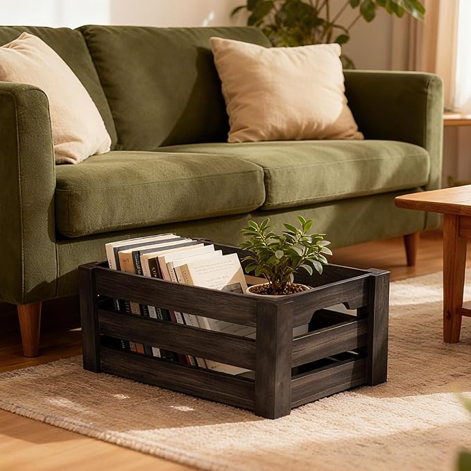 Wooden Crates for Storage and Display - Set of 3 Heavy Duty Nesting Wood Crates, Rustic Farmhouse Decorative Storage Boxes for Shelves, Pantry & Home Organization (L/M/S)