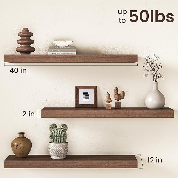 40Inch Walnut Floating Shelves for Wall, 12 Inch Deep Shelves for Bedroom, Kitchen, Bathroom Wall Mounted, Rustic Wood Floating Shelf with Invisible Brackets for Books, Storage, Decor, 2 Packs