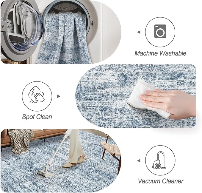 Soalmost Washable Area Rug 8x10, Large Soft Rugs for Living Room Vintage Blue 8x10 Area Rugs for Bedroom Dining Room Non-Slip Stain Resistant Under Table Rug
