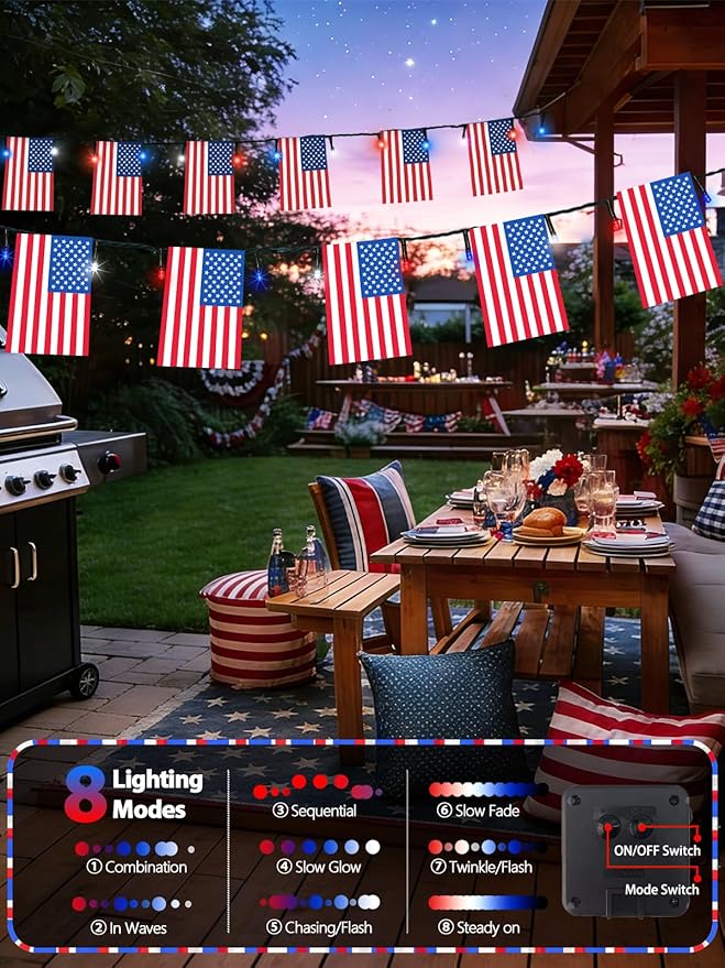 4th of July Decorations, Solar American Flag Lights Outdoor with 8 Modes, 18.8FT 25 USA Flags & 50 Red White and Blue LEDs Patriotic String Lights Waterproof for Independence Day 250th Anniversary