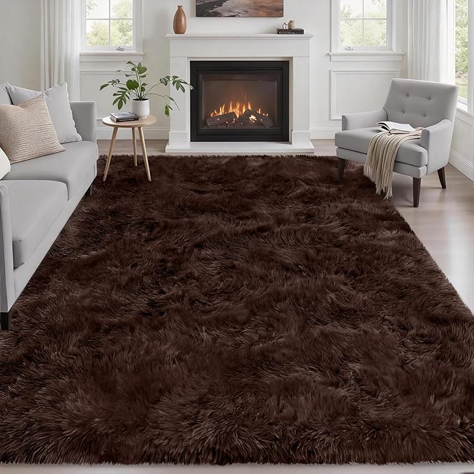 Fluffy 4x6 Area Rugs for Living Room Bedroom: Ultra Soft Shag Rug Non-Slip Non-Shedding Small Plush Bedside Rug Indoor Floor Carpets for Kids Room Playroom Entryway Nursery Dorms Home Decor Brown