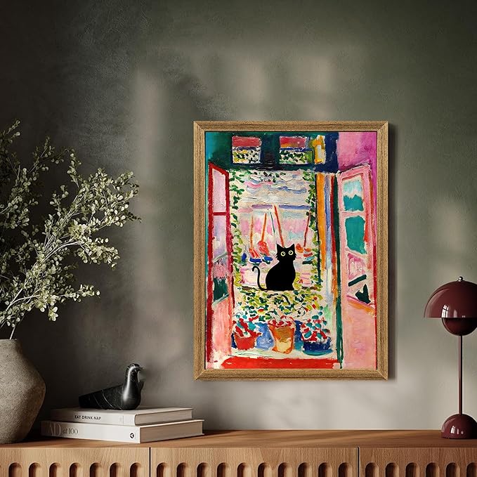 Fantasy Artists Henri Matisse Cat Wall Art, Framed Open Window Black Cat Canvas Poster Prints, Abstract Aesthetic Wall Decors for Living Room, Oil Paintings for Room Bathroom Decorations 12" X 16"