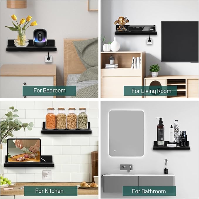 Small Floating Shelf for Wall,9X5 Inch Wall Mounted Shelf with Cord Hole,Small Display Shelves for Cameras, Webcam, Router,Smart Speaker,Action Figures-2 Pcs(Black