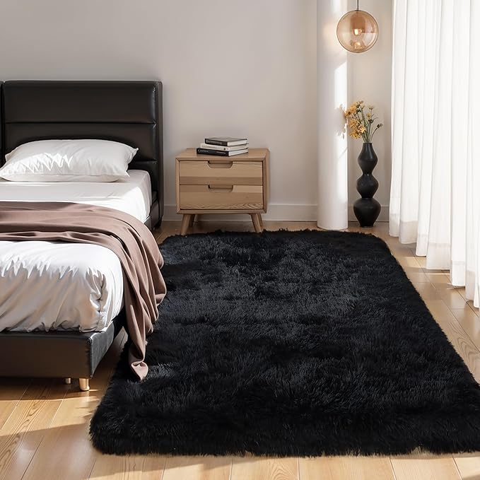 KICHOWUA Thick Area Rug Black Fluffy Shag 3x5 for Bedroom, Ultra Soft Thickened Plush Washable Carpet, Non-Slip Cozy Shaggy Fuzzy Rug for Living Room Nursery Dorm Playroom Kids Baby Room