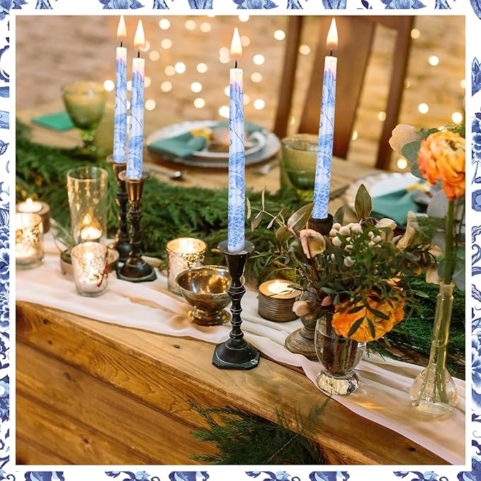 Threlaco 9.8" Long Taper Chinoiserie Porcelain Candlesticks Dripless Bridal Wedding Shower Candle Blue White Decorations Unscented Taper Candles for Party Gift Home Decor