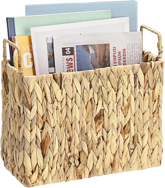 BTSKY Woven Magazine Holder, Water Hyacinth Magazine Basket, Natural Narrow Storage Basket Bin for Books & Files, Magazine Rack with Built-in-Handle for Home, Office & Desk - 12.1x5.6x10.9 Inch