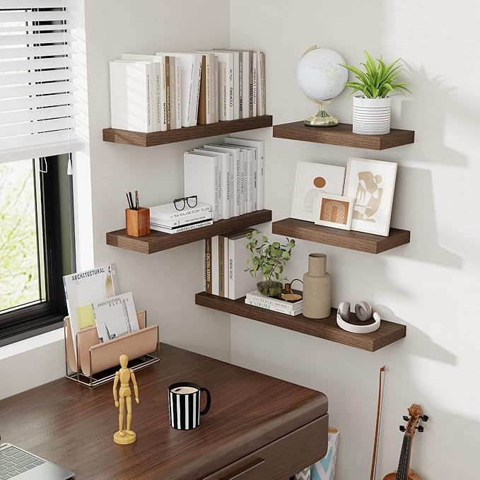 Acovy 24 Inch Floating Shelves, 8 Inch Deep Floating Shelves for Wall, Hanging Shelf with Invisible Brackets, Deep Shelves for Bathroom, Bedroom, Living Room, Walnut, Set of 2