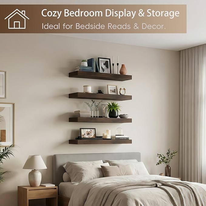 Lufia Floating Wall Shelves, Set of 4, MDF with Invisible Brackets, Modern Storage for Bedroom, Bathroom, Living Room, Kitchen (Rustic Brown, 15.8" W x 5.5" D x 1.2" H)