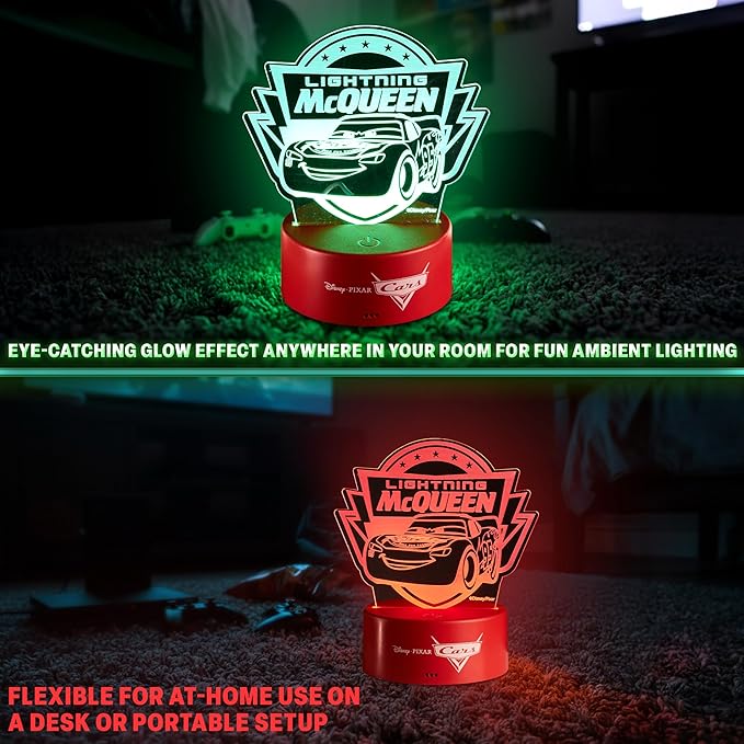 Get Trend Disney Cars Lightning McQueen 3D Illusion Night Light for Kids, 16 Colors, 4 Lighting Modes, Dimmable, Dual Powered LED Desk Lamp, Bedroom Decor, Gifts for Boys (Multi Cars)