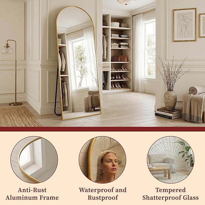 Suidia 81"x41" Arched Full Length Mirror with Stand, Full Body Mirror with Aluminum Frame, Freestanding/Leaning/Wall-Mounted, Floor Mirrors for Bedroom, Living Room, Entryway, Dressing Room, Gold