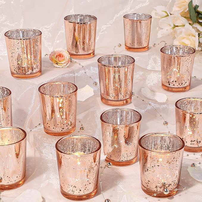UPBUD Votive Candle Holders Set of 24, Speckled Mercury Rose Gold Glass Candle Holders for Wedding Centerpiece Table Decorations, Tealight Candle Holder for Party Bridal Shower Decor, Home Decor