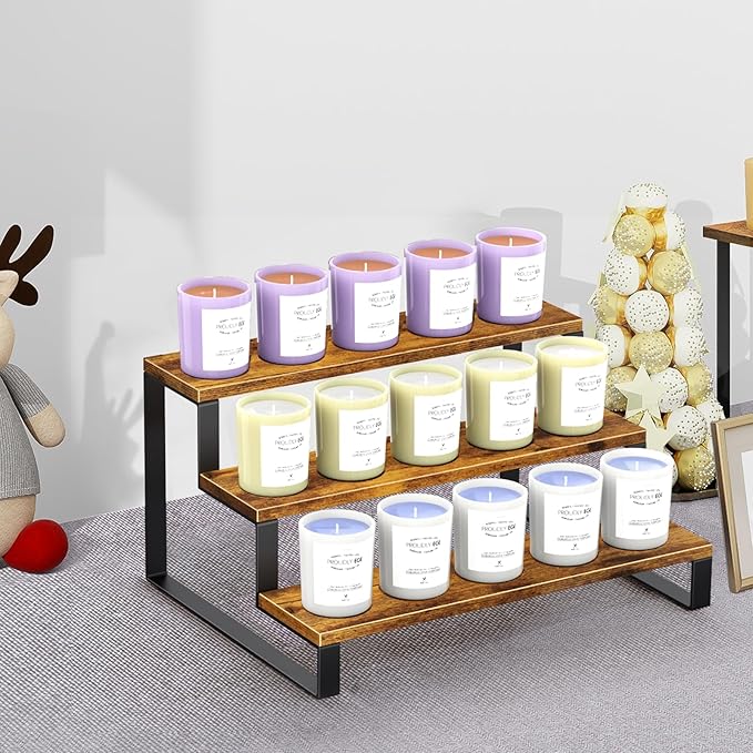 ELITEROO Wooden Display Riser Stand, 3 Tier Display Risers, Tiered Cabinet Organizer, Widened Display Rack Shelf Kitchen Counter Shelf for Makeup Perfume Figure Dolls Collection Condiment Candles
