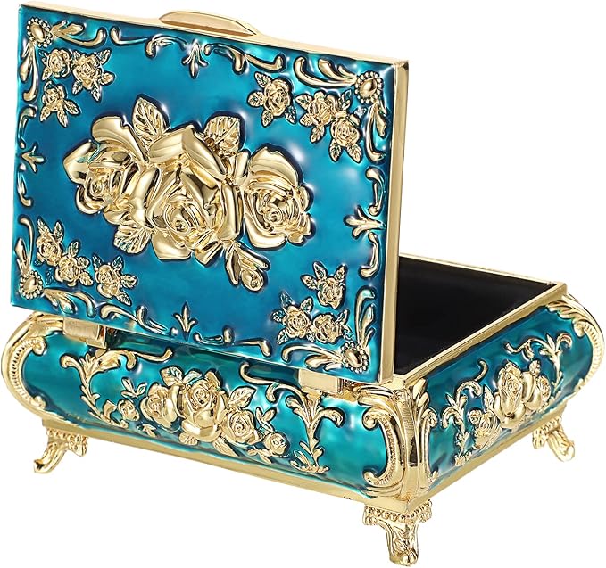 Hipiwe Vintage Metal Jewelry Box Small Treasure Chest Case Trinket Organizer Earrings Necklace Bracelet Storage Box Ring Box Holder Keepsake Box for Women
