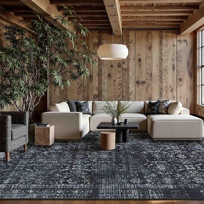 Rugxara 9x12 Area Rugs for Living Room Bedroom, Large Washable Rug, Black Vintage Floral Boho Rug, Non Slip & Low Pile Faux Wool Thin Carpet for Indoor Dining Room and Kids Room(Black 9x12ft)