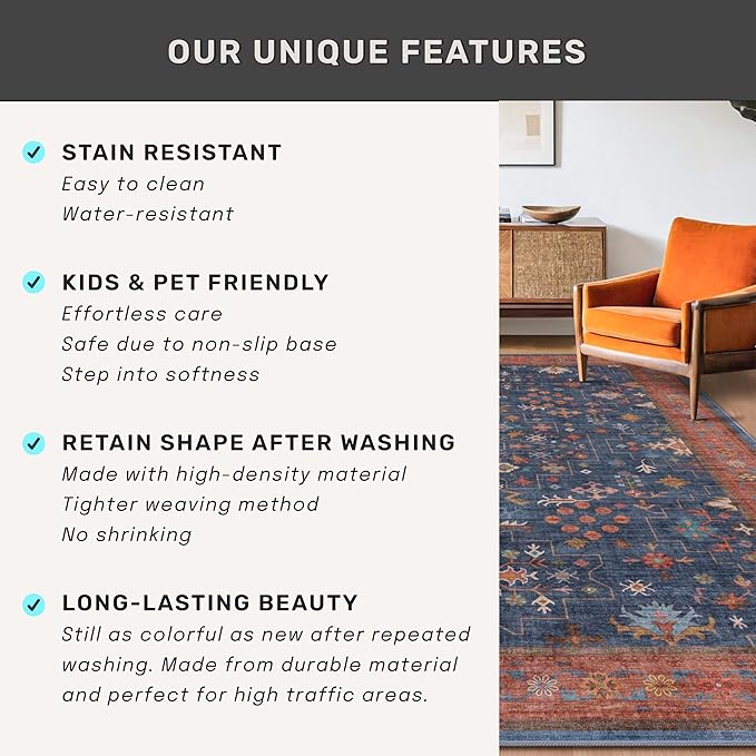Hazo Haus 6x9 Dining Room Rugs for Under Table - Washable Area Rug for Living Room, Low Pile Non-Slip Rugs for Bedroom - Navy Blue & Terracotta Vintage Boho Eclectic Home Decor