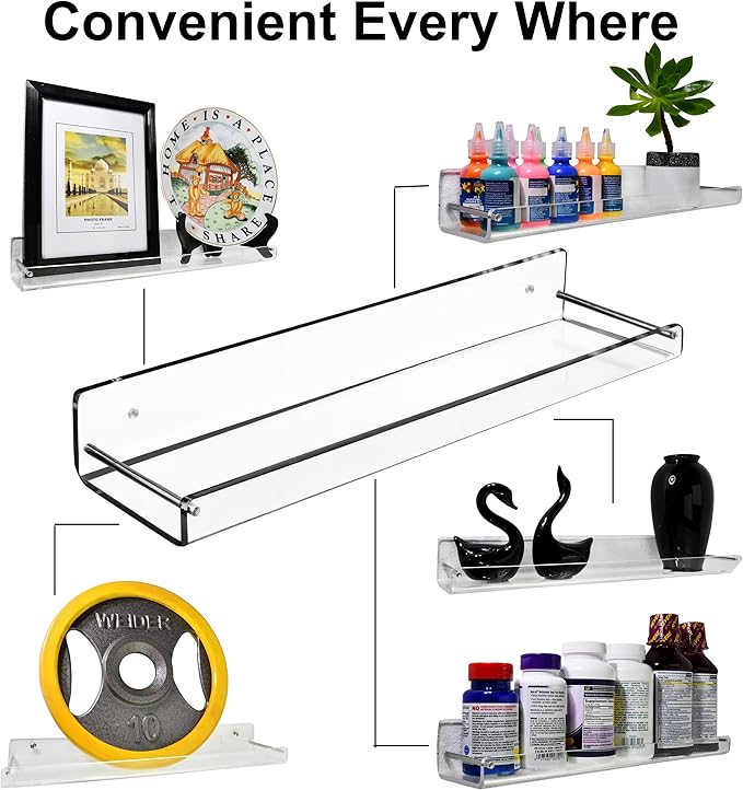 AMT 6 Pack Acrylic Floating Shelves, 15" L x 3.25" W, Clear Bathroom Wall Shelf, Bookshelves, Invisible Display for Office, Bedroom, Small Gap Allows Water to Escape, Free Screws & Drill Bit (Medium)